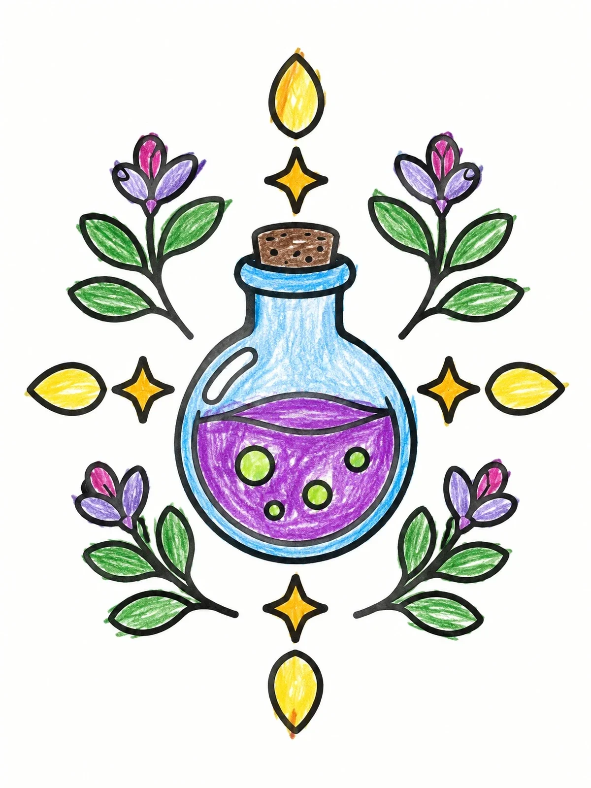 Colored example of the Magic Potion Bottle And Herbs coloring page