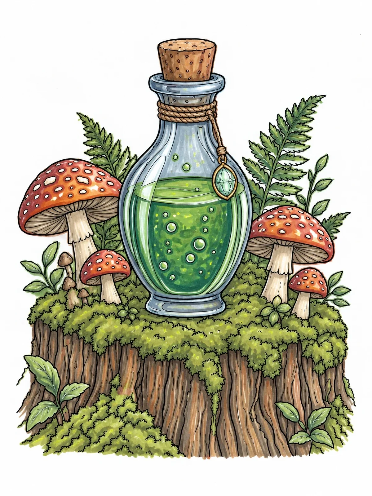 Colored example of the Magic Potion On Woodland Stump coloring page