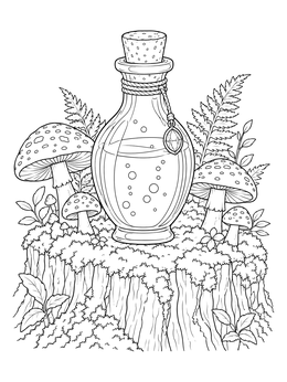 A magical potion bottle coloring page featuring mushrooms and ferns on a mossy tree stump.