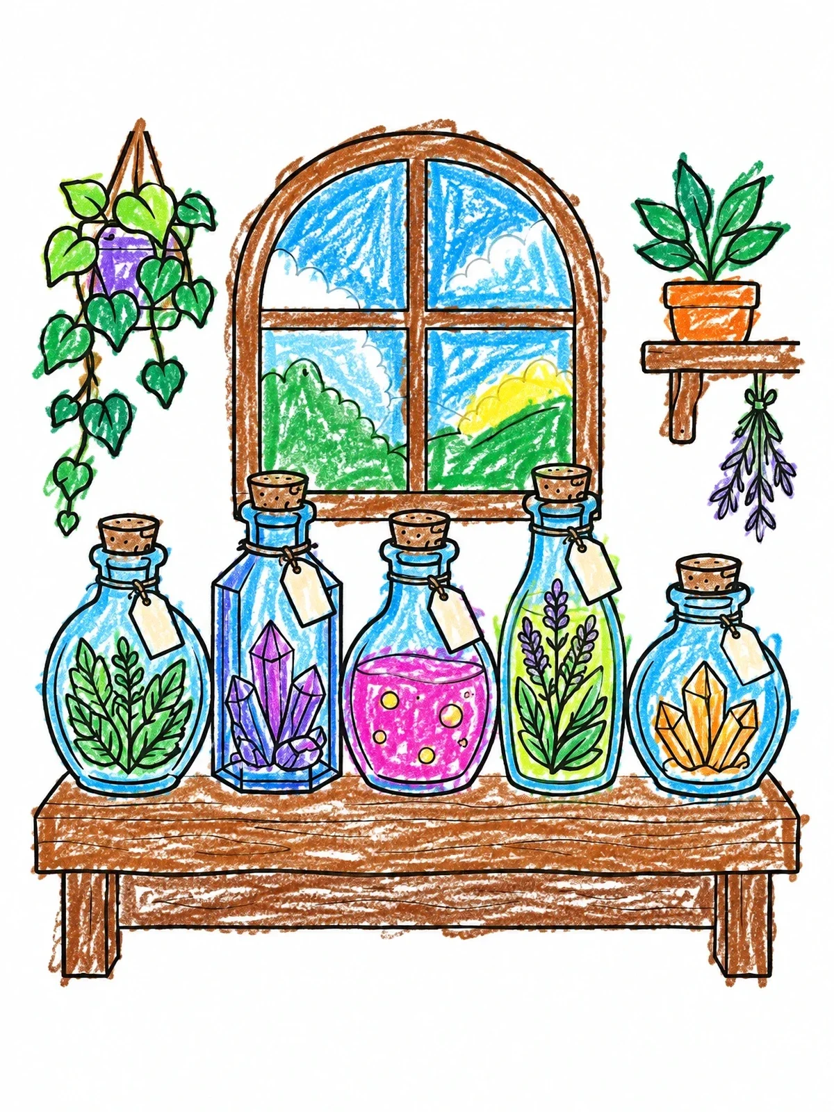 Colored example of the Magic Potion Bottles On Wooden Shelf coloring page