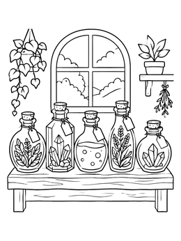 Free printable Magic Potion Bottles On Wooden Shelf coloring page