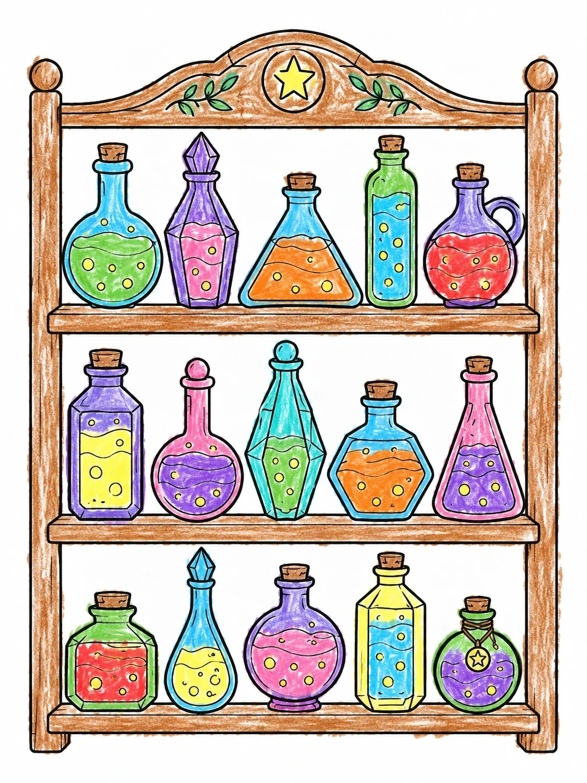 Colored example of the Magic Potion Bottles On Shelves coloring page