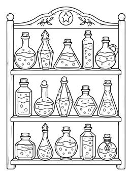 A magic coloring page showing various geometric potion bottles arranged on wooden shelves.