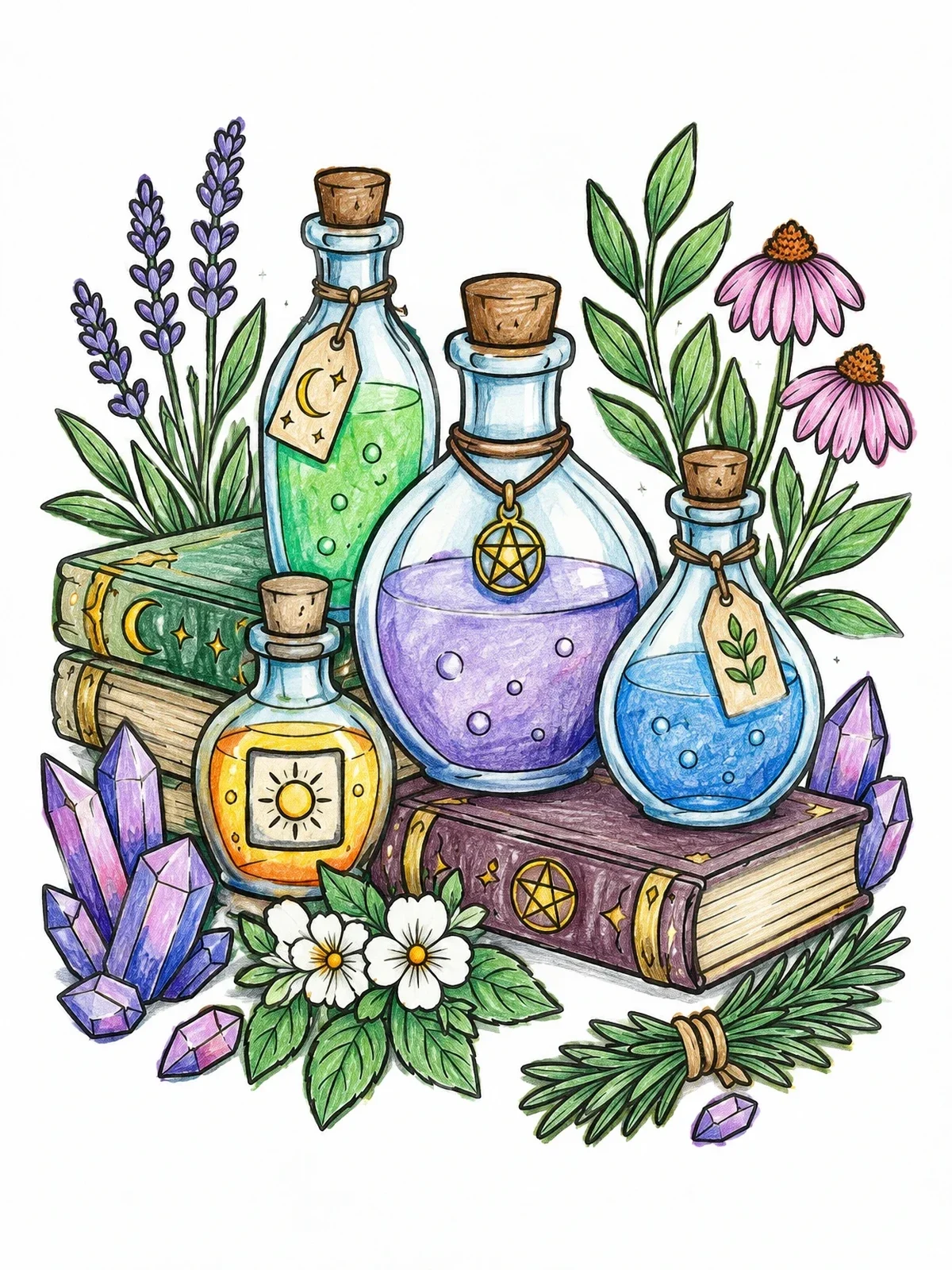 Colored example of the Magic Potion Bottles And Spellbooks coloring page