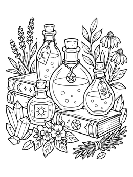 A magic coloring page with glass potion bottles, spellbooks, and crystals.