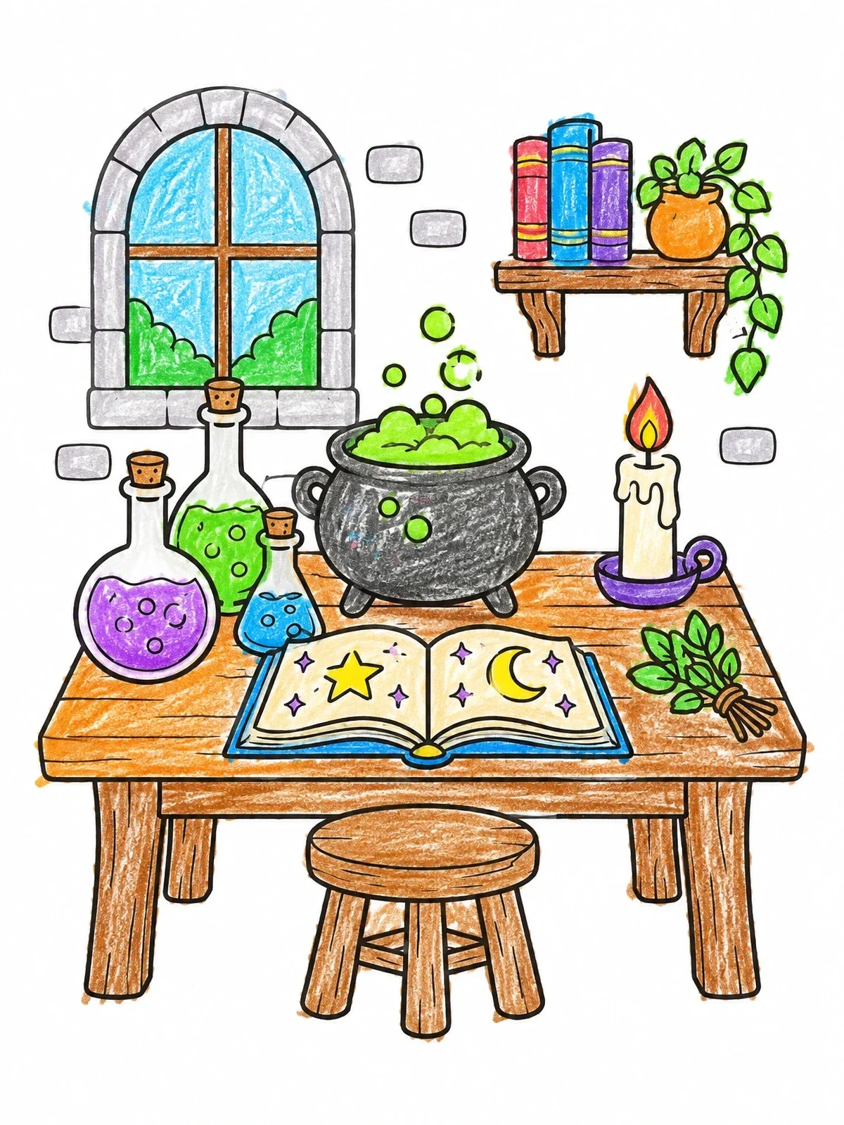 Colored example of the Cozy Magic Brewing Desk coloring page