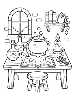 Free printable Cozy Magic Brewing Desk coloring page