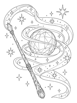 A magic wand casts starlight ribbons around a crystal orb on this magic coloring page.