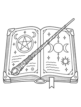 An open spellbook with celestial symbols and a wooden wand in this magic coloring page.