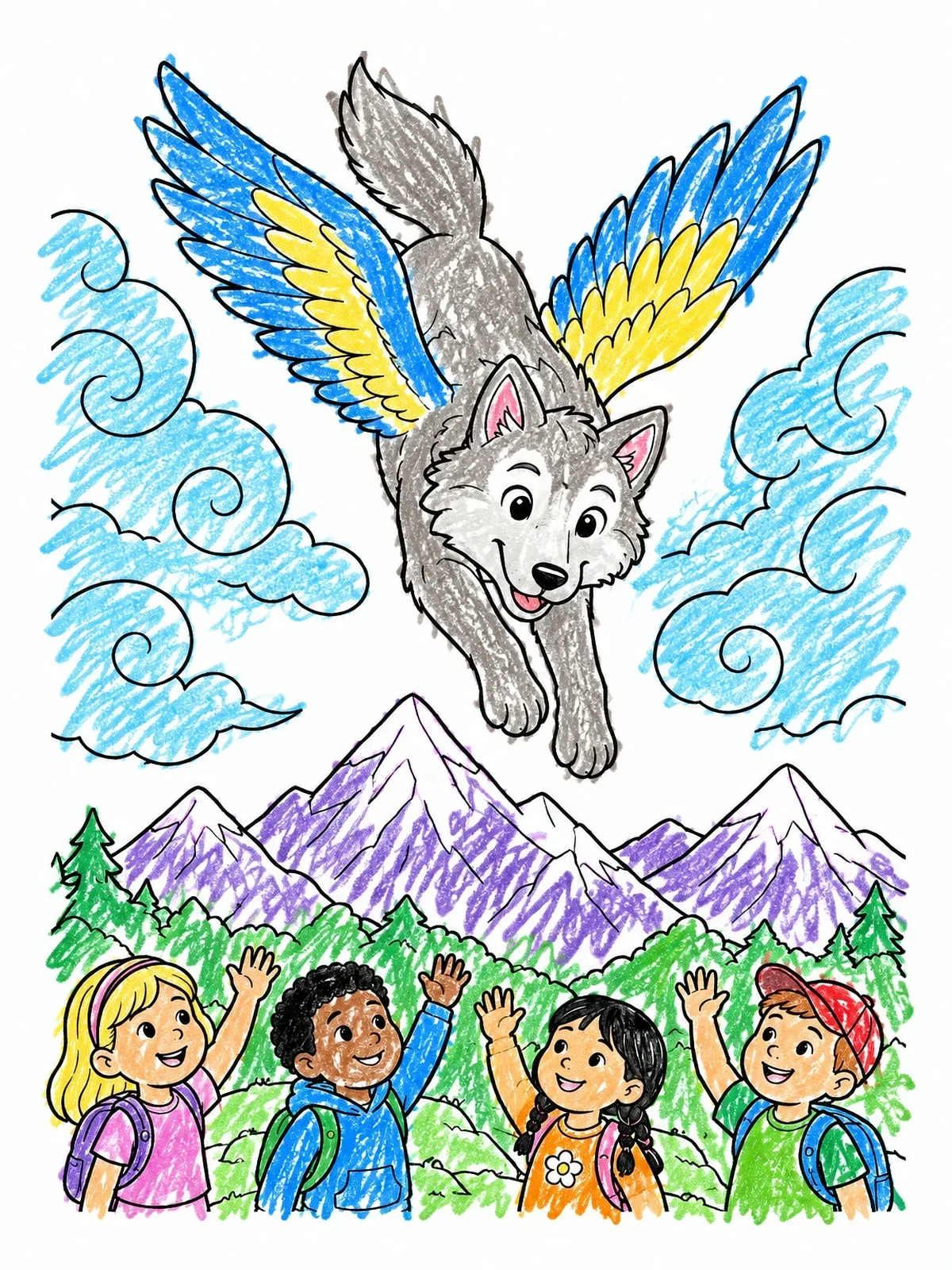 Colored example of the Winged Wolf Flying Over Happy Children coloring page