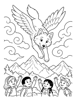 Free printable Winged Wolf Flying Over Happy Children coloring page