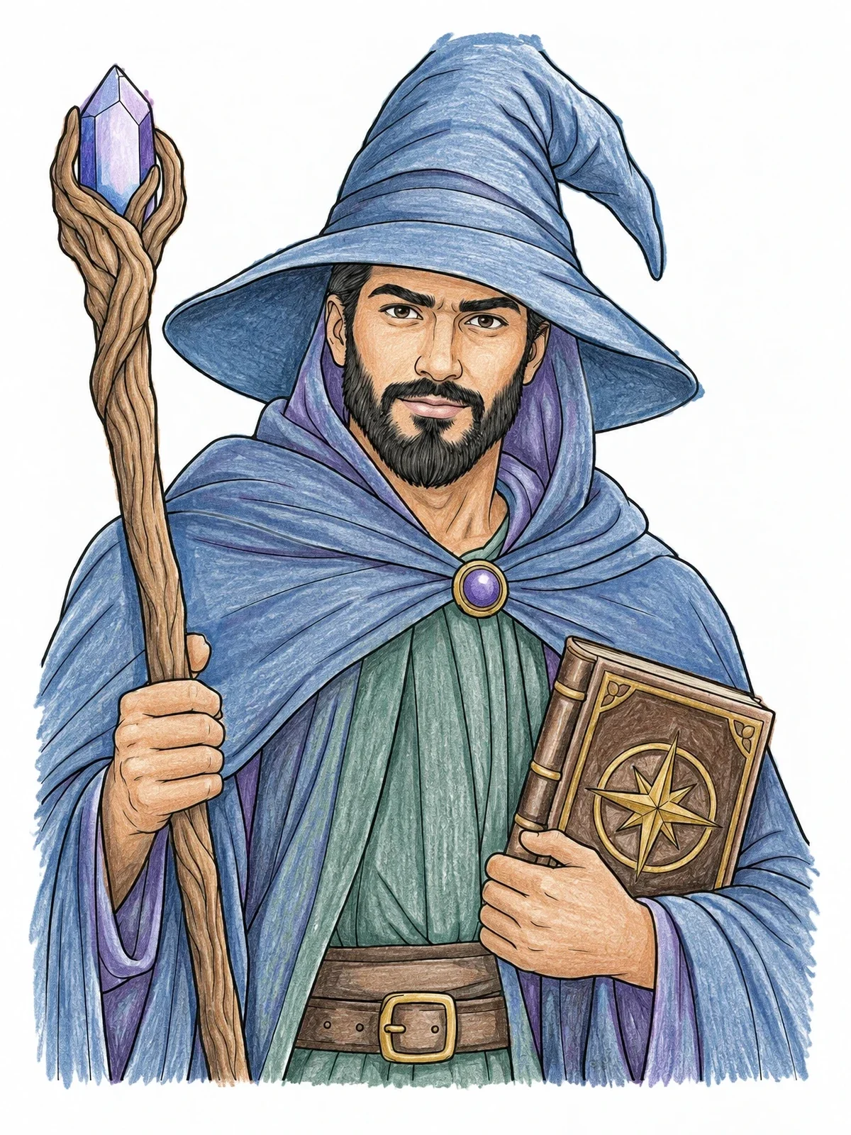 Colored example of the Wise Wizard With Staff And Spellbook coloring page