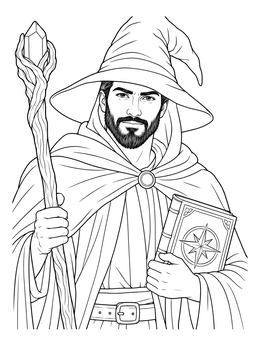 A handsome bearded wizard holds a crystal staff and book in this magic coloring page.
