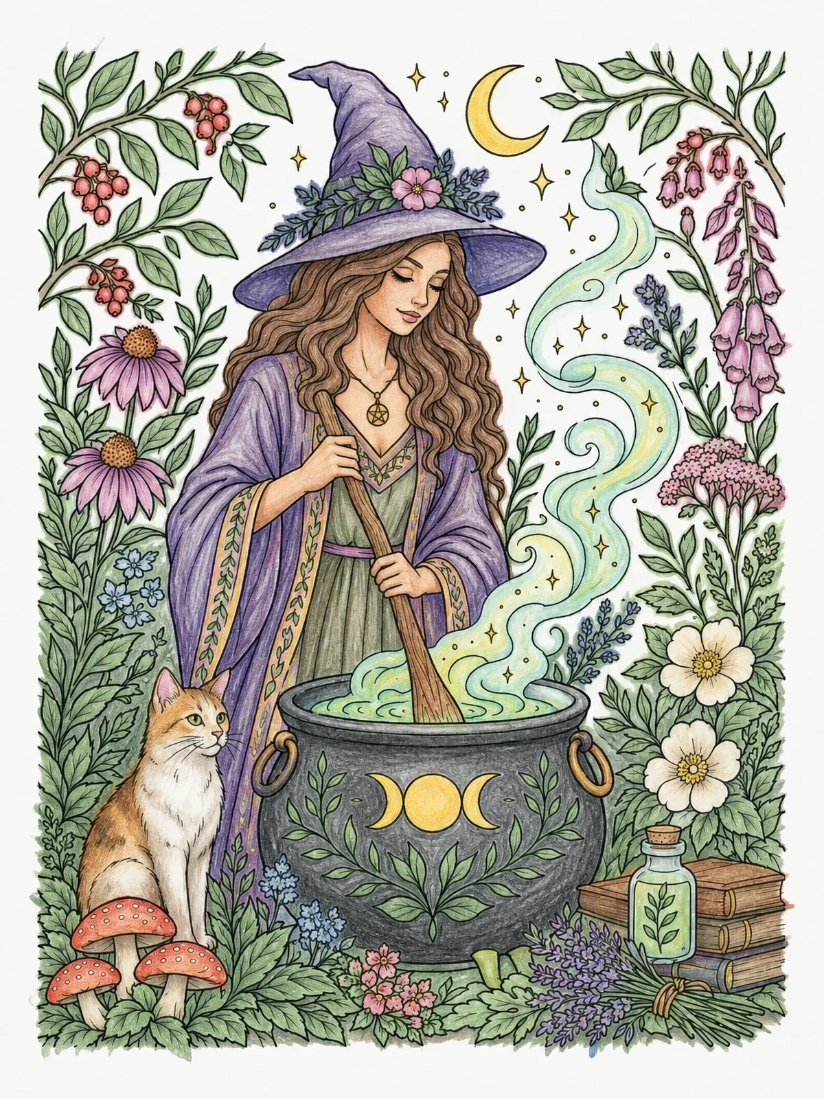 Colored example of the Witch Brewing A Potion With Cat coloring page