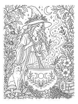 A magic coloring page showing an elegant witch stirring a bubbling cauldron beside her cat in a garden.