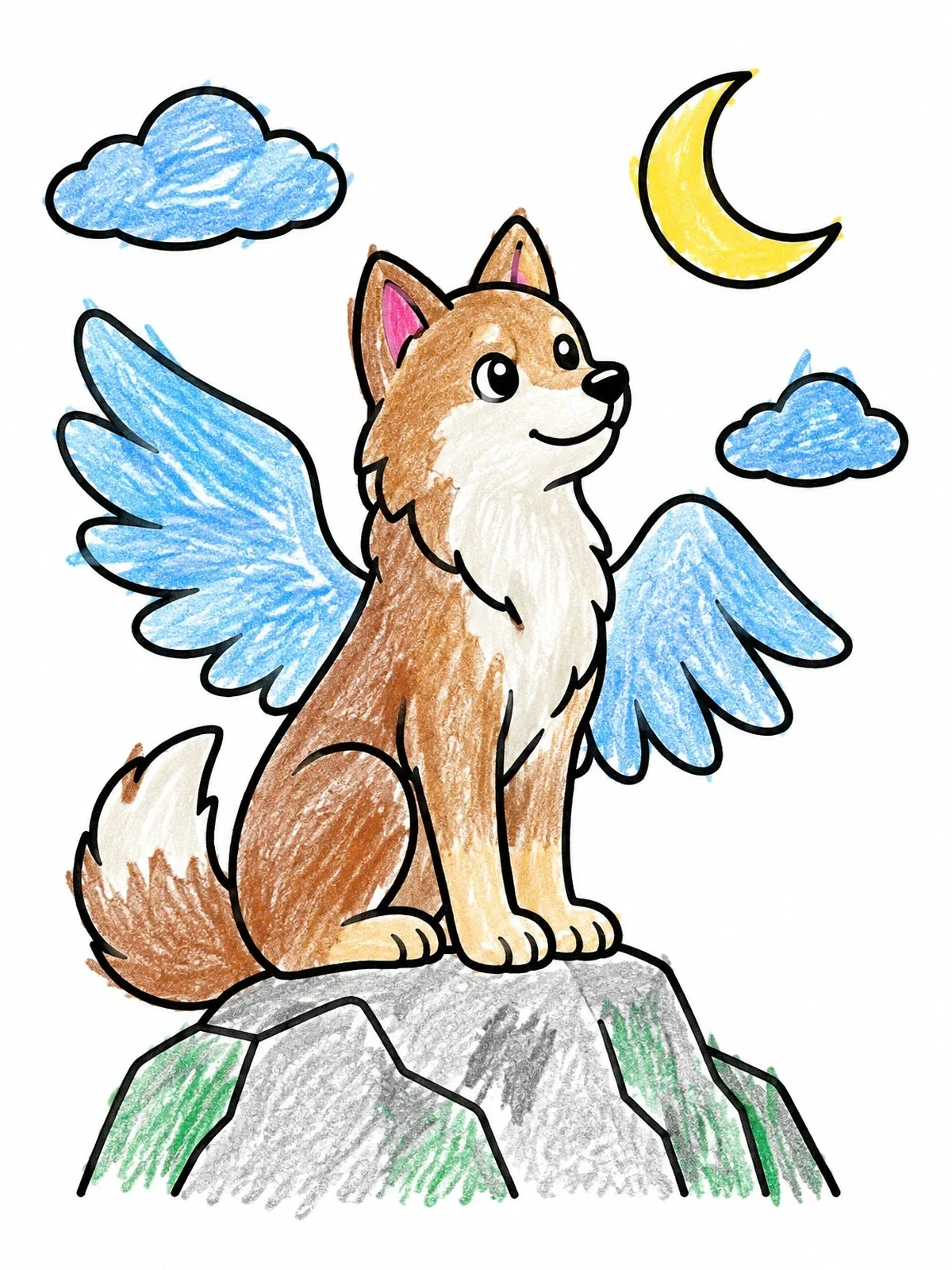 Colored example of the Cute Winged Wolf On Mountain coloring page