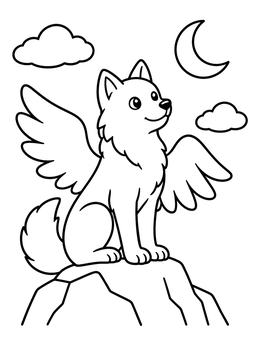 Free printable Cute Winged Wolf On Mountain coloring page