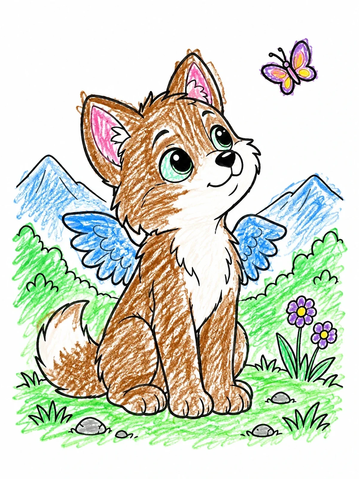 Colored example of the Cute Winged Wolf Pup With Butterfly coloring page