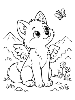 Free printable Cute Winged Wolf Pup With Butterfly coloring page
