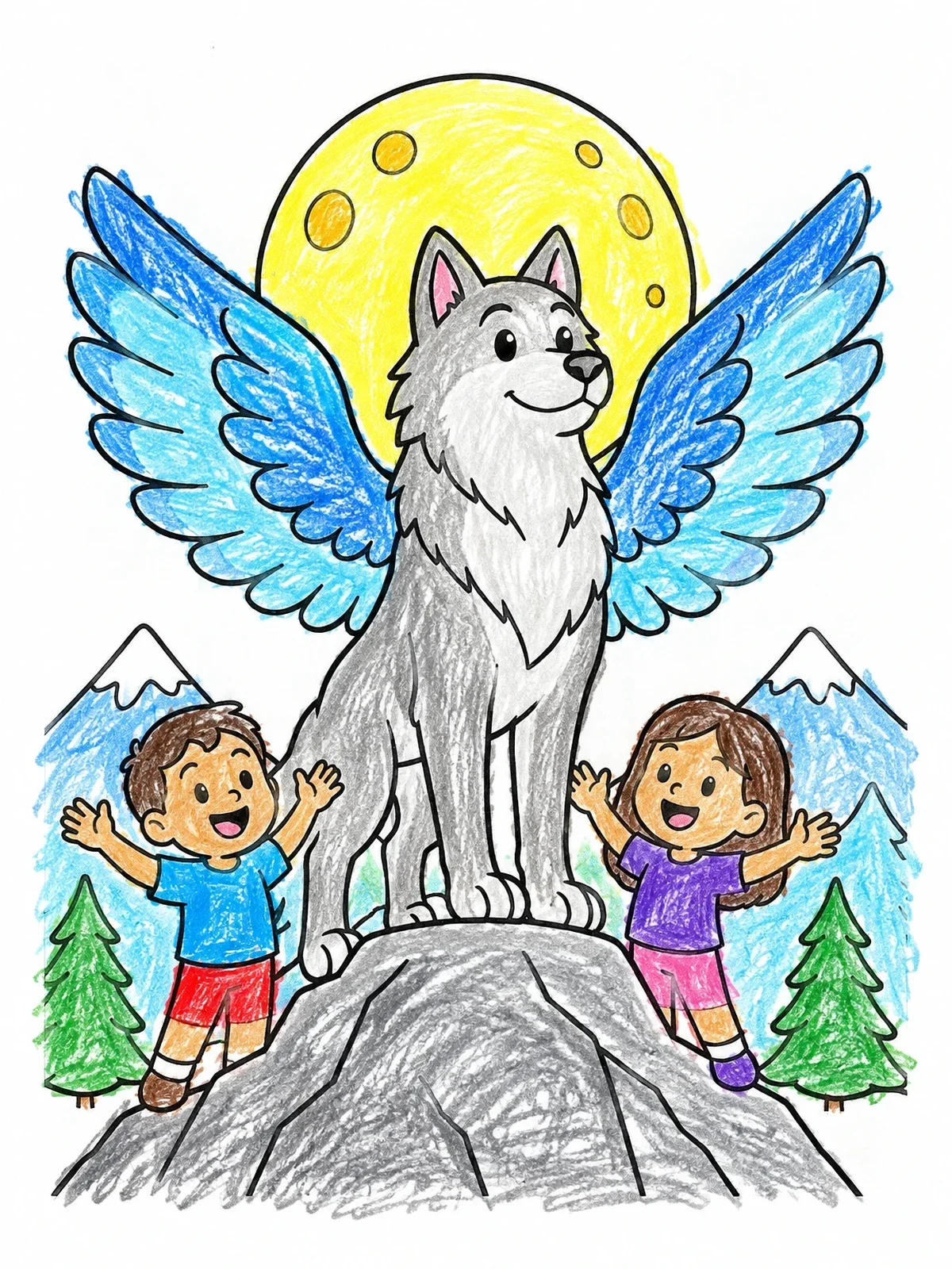 Colored example of the Friendly Winged Wolf And Cheerful Children coloring page