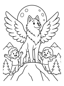 Free printable Friendly Winged Wolf And Cheerful Children coloring page
