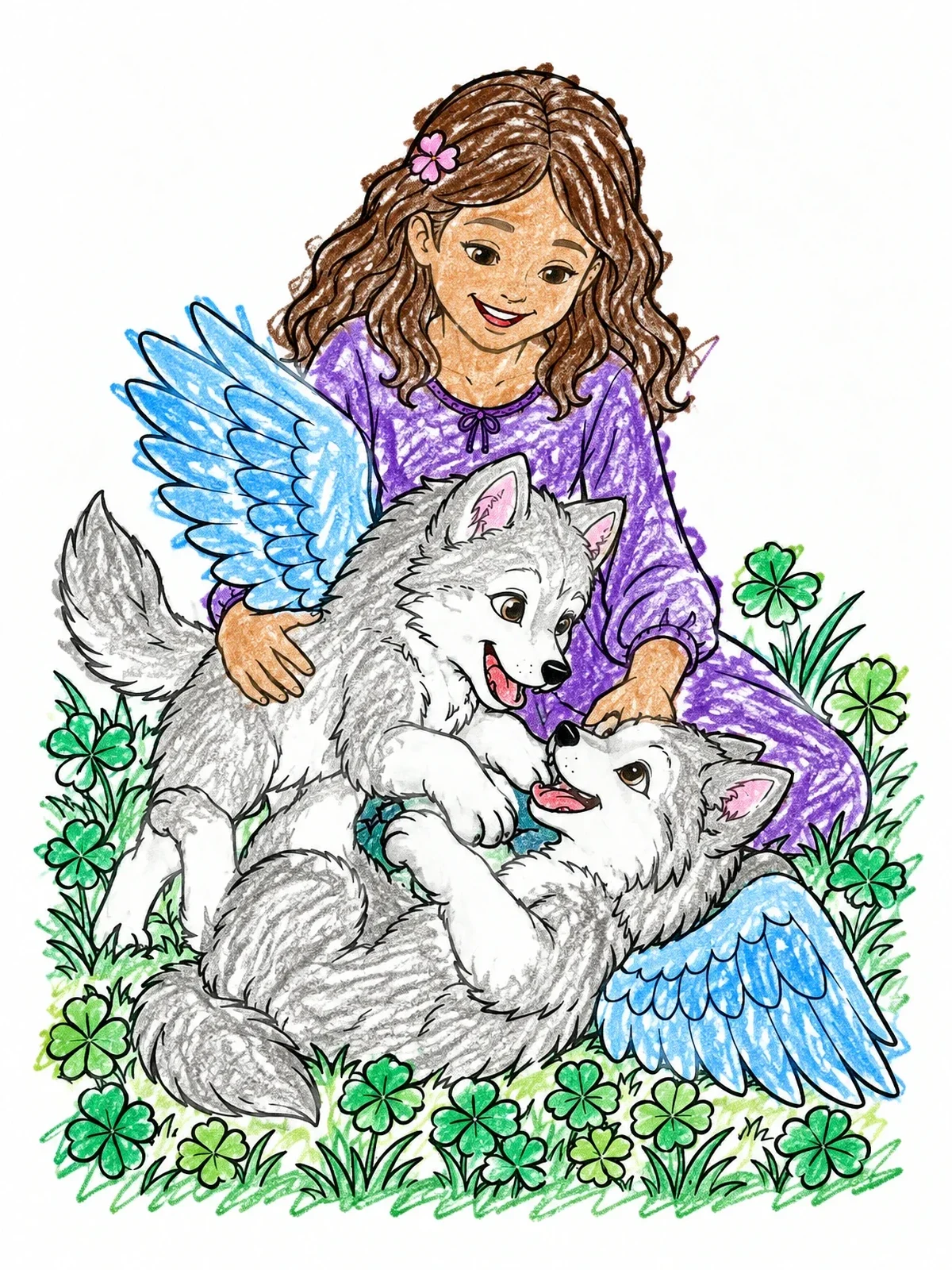 Colored example of the Girl Playing With Winged Wolf Pups coloring page