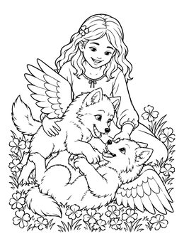 Free printable Girl Playing With Winged Wolf Pups coloring page