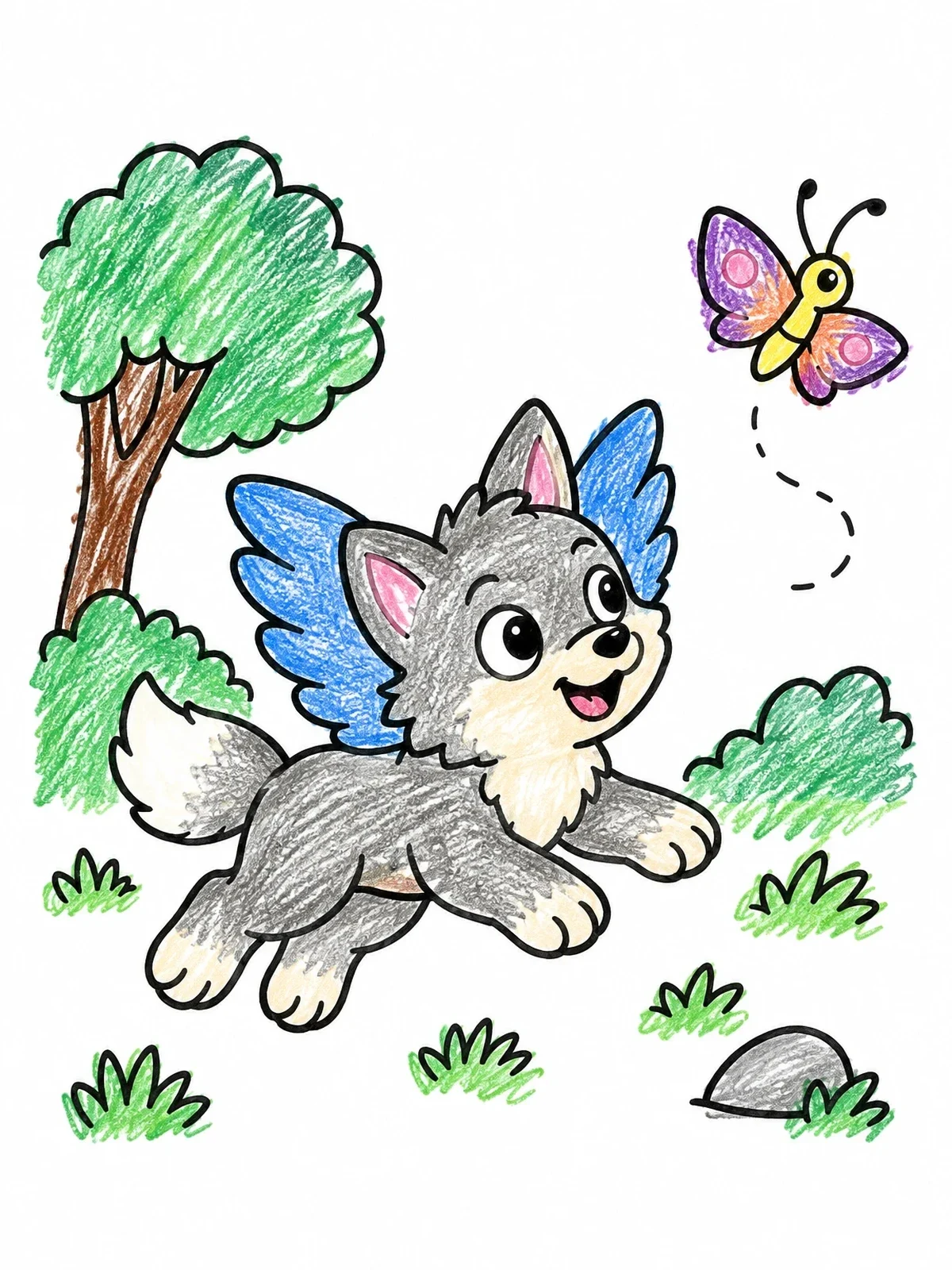 Colored example of the Playful Winged Wolf Cub And Butterfly coloring page