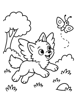 Free printable Playful Winged Wolf Cub And Butterfly coloring page
