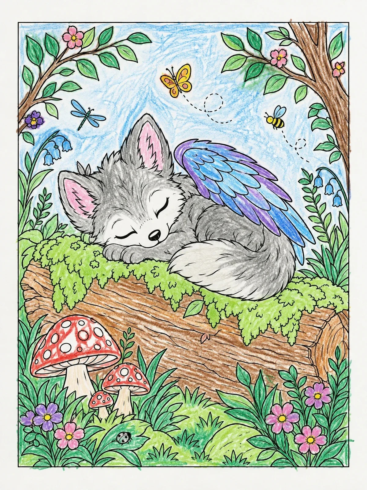 Colored example of the Sleeping Winged Wolf Pup In Forest coloring page