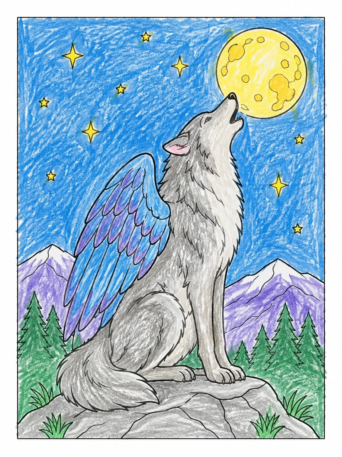 Colored example of the Winged Wolf Howling At The Moon coloring page