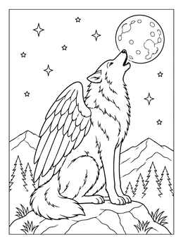 Free printable Winged Wolf Howling At The Moon coloring page