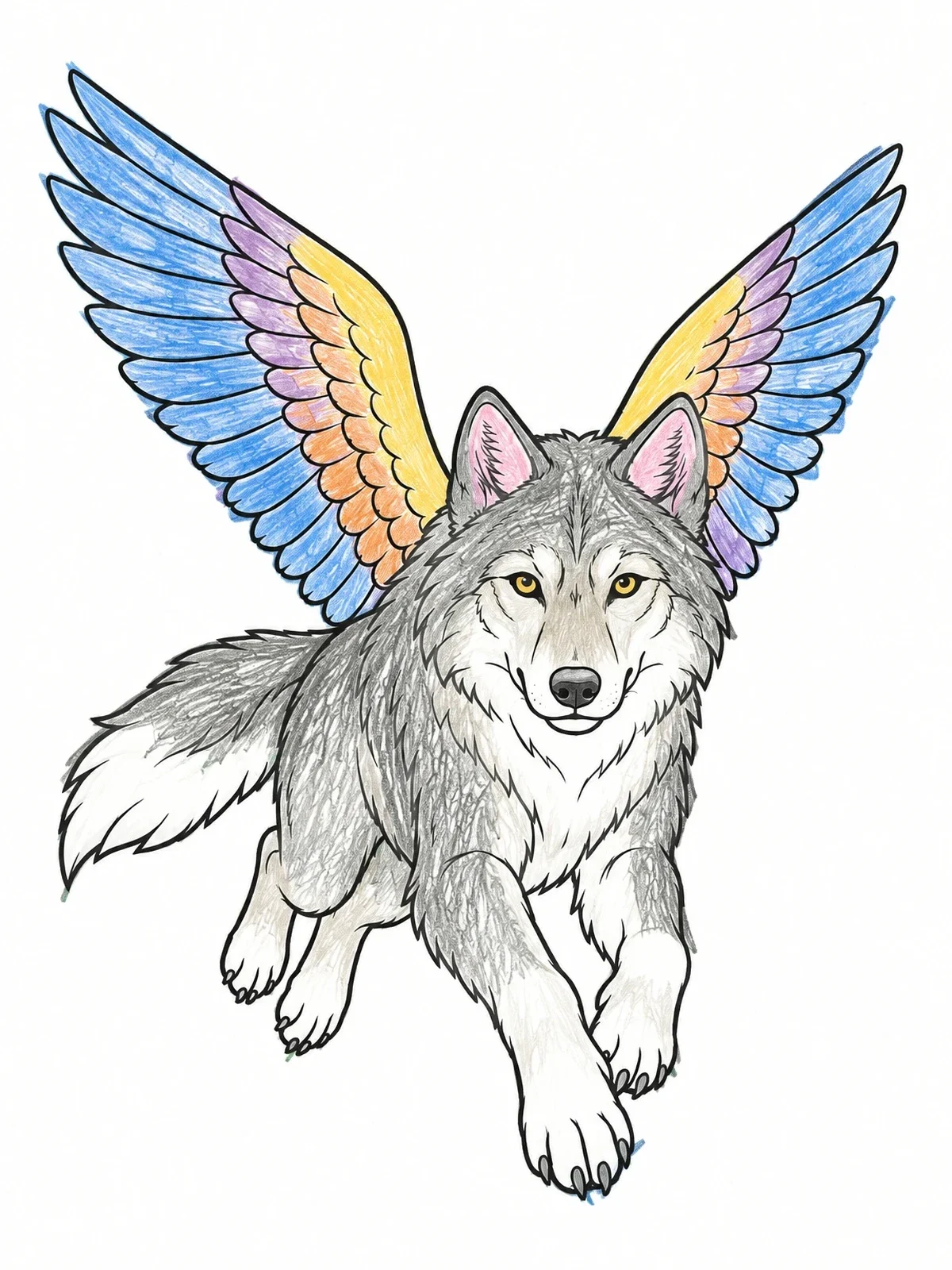 Colored example of the Winged Wolf Leaping In Mid Air coloring page