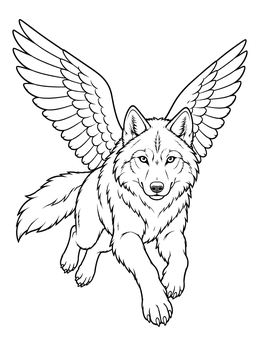 Free printable Winged Wolf Leaping In Mid Air coloring page