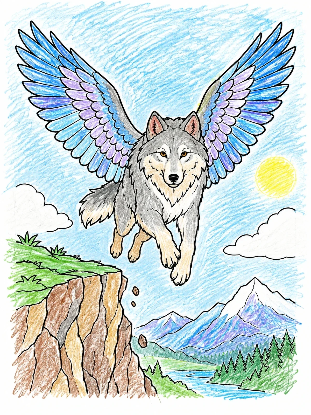 Colored example of the Winged Wolf Leaping From Mountain Cliff coloring page