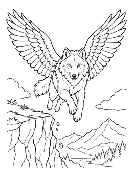 A magic wolf with wings coloring page showing the beast leaping high above a mountain cliff.