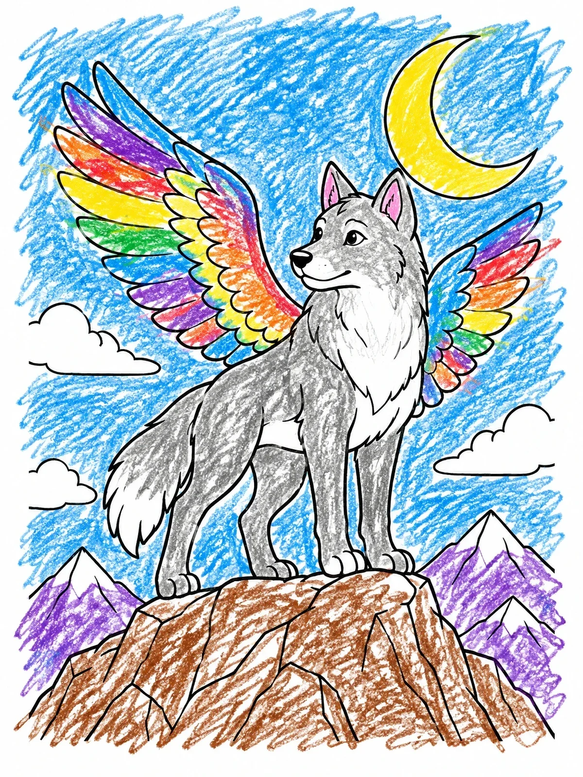 Colored example of the Winged Wolf On A Mountain Peak coloring page