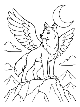 Free printable Winged Wolf On A Mountain Peak coloring page