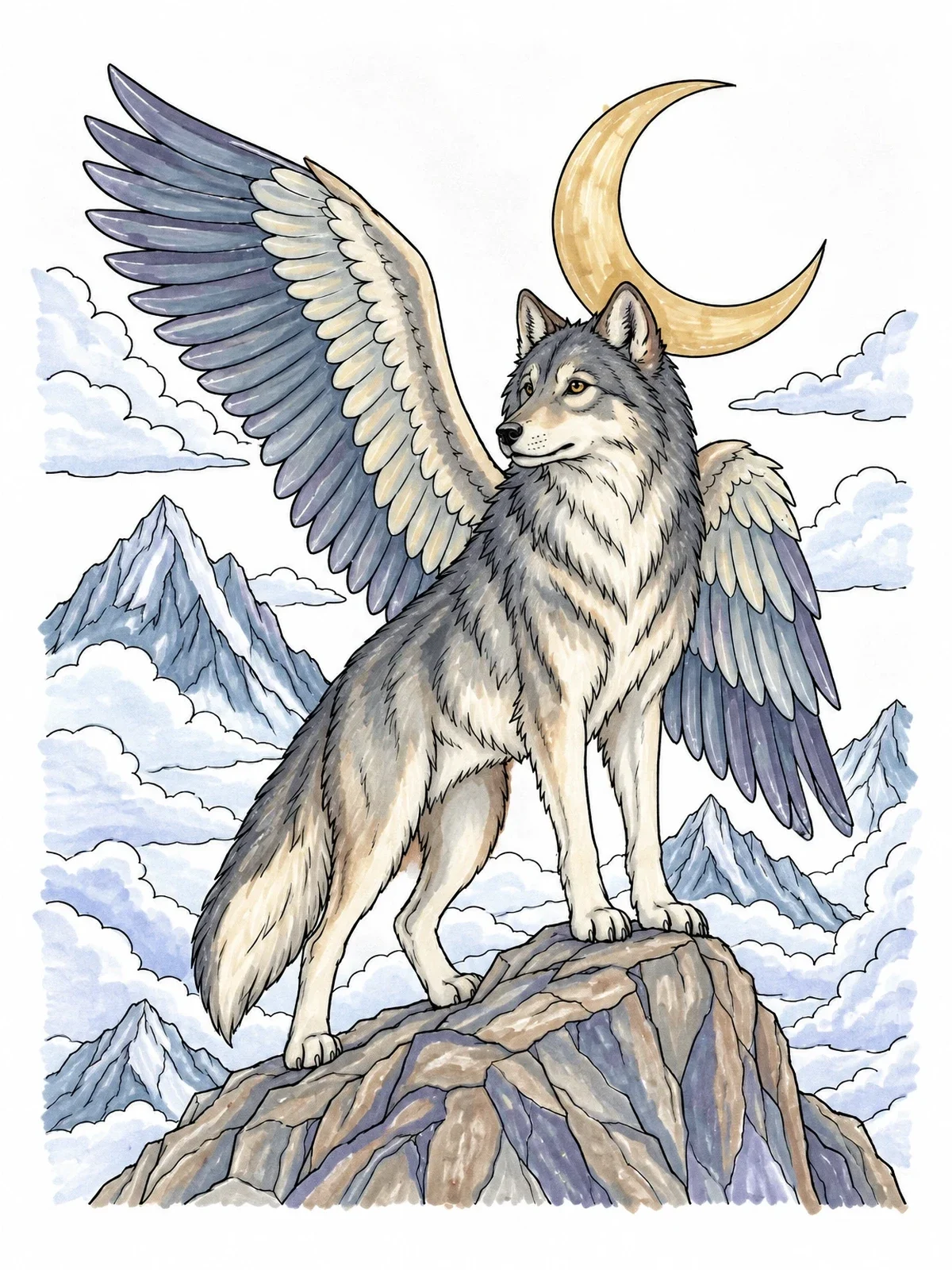 Colored example of the Winged Wolf On Mountain Peak coloring page