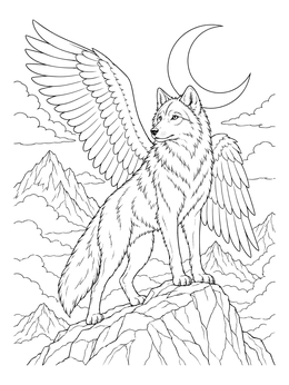 A magic wolf with wings coloring page showing the beast on a peak with the crescent moon.