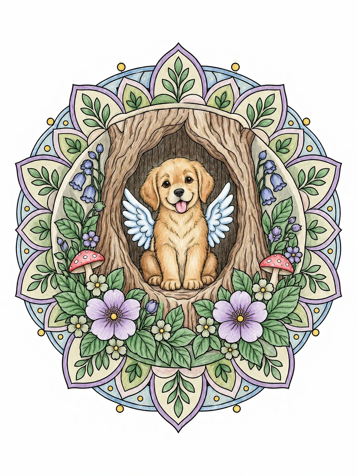 Colored example of the Winged Pup In A Hollow Tree coloring page