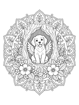 A magic wolf with wings coloring page showing a winged pup sitting in a hollow tree trunk frame.