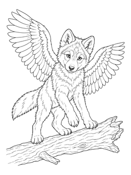 A magic wolf with wings coloring page showing a playful pup balancing on a fallen tree log.