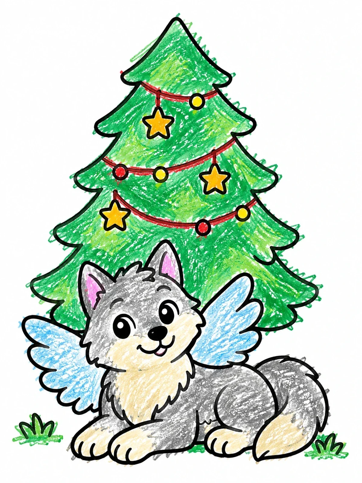 Colored example of the Winged Wolf Puppy Beneath Fir Tree coloring page