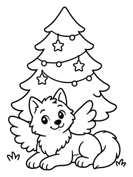 Free printable Winged Wolf Puppy Beneath Fir Tree coloring page