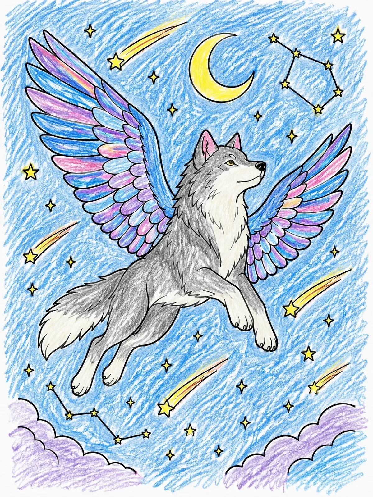 Colored example of the Winged Wolf Soaring Through The Night coloring page