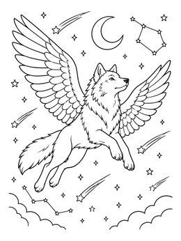 Free printable Winged Wolf Soaring Through The Night coloring page