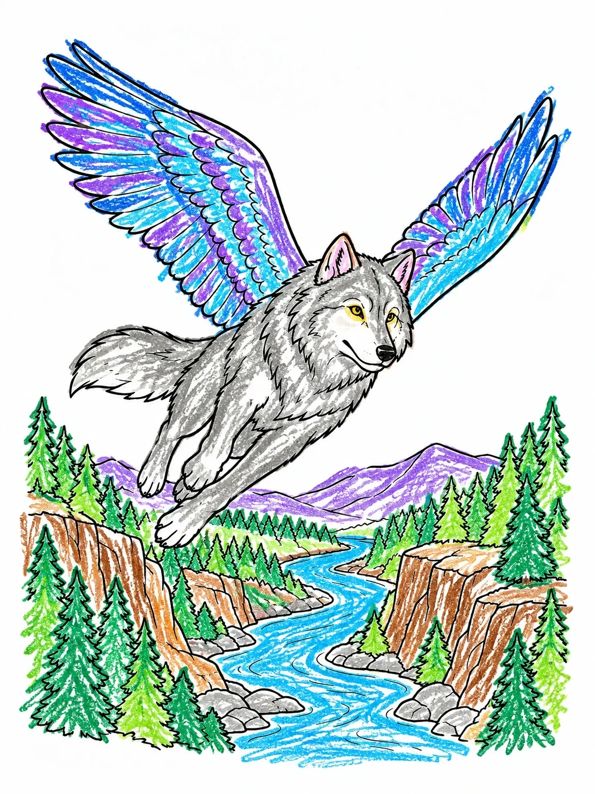 Colored example of the Winged Wolf Soaring Over Canyon River coloring page