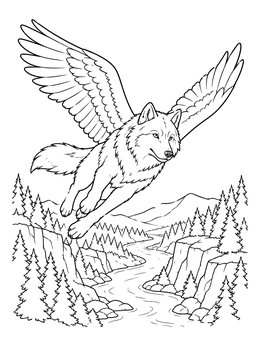 A magic wolf with wings coloring page showing a winged creature soaring above a river canyon.