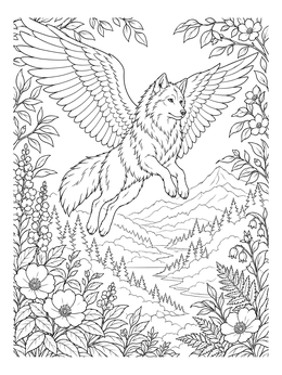 A magic wolf with wings coloring page showing a mythical beast flying above mountains.